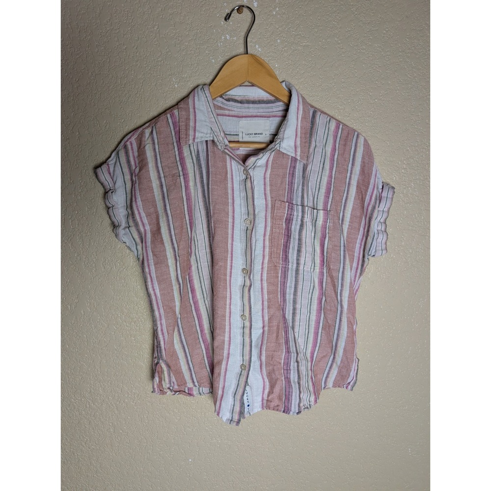 Lucky Brand Women's Small Pink Multicolor Stripe Linen Blend Button Down Coastal